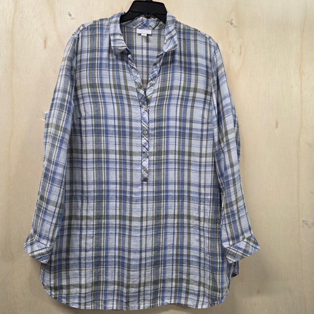 J.Jill 100% Linen Plaid Tunic Top Blue Olive Green Button Pockets Size L